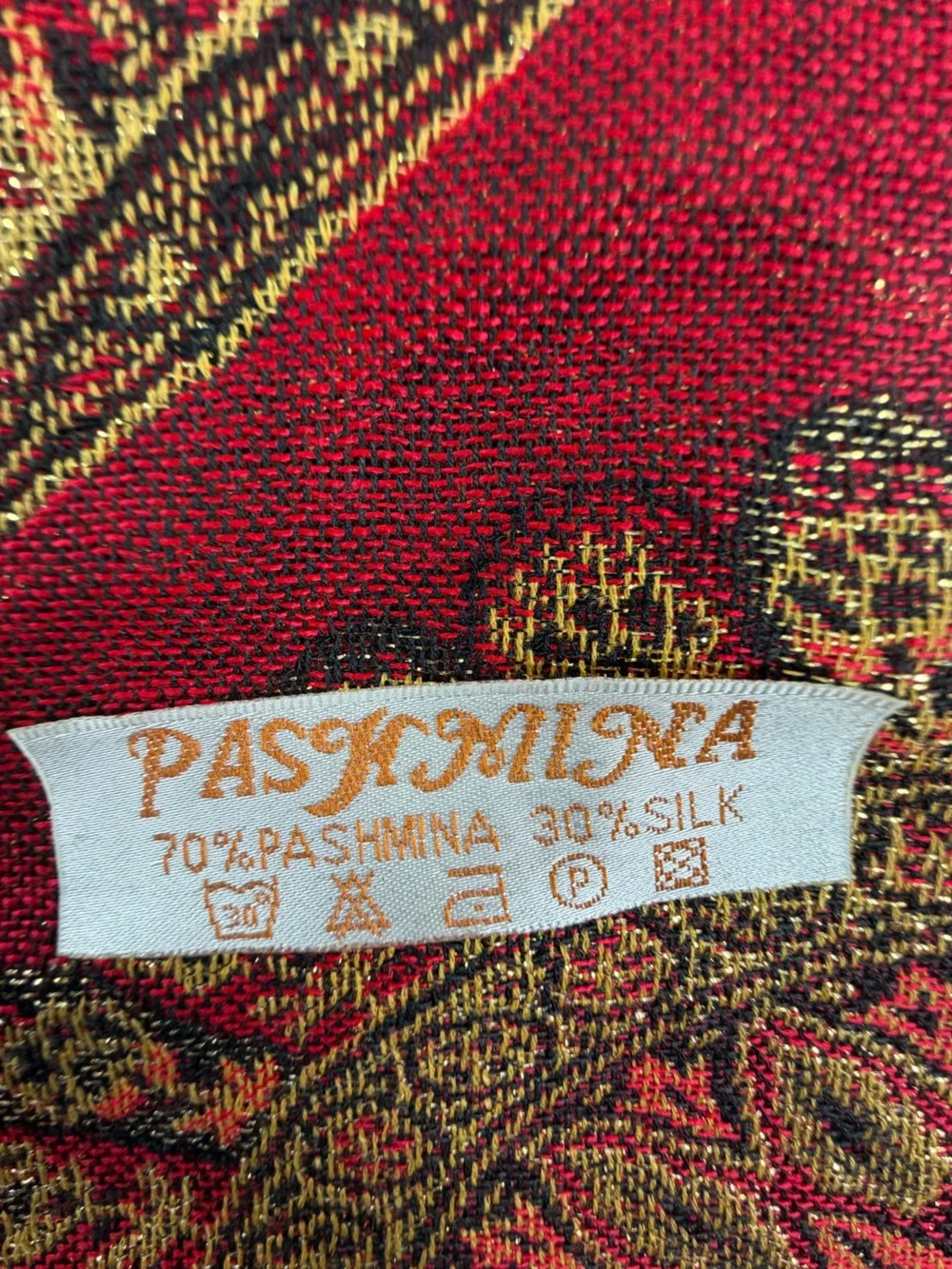 Pashmina 70% Pashmina 30% Silk Paisley Fringe Wrap Shawl Burgundy Gold 68